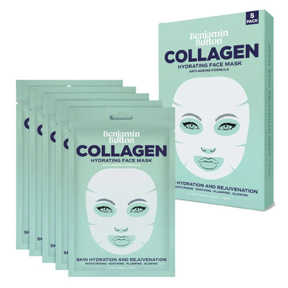 Benjamin Button Collagen Hydrating Face Mask packaging with multiple face mask packets on a white background