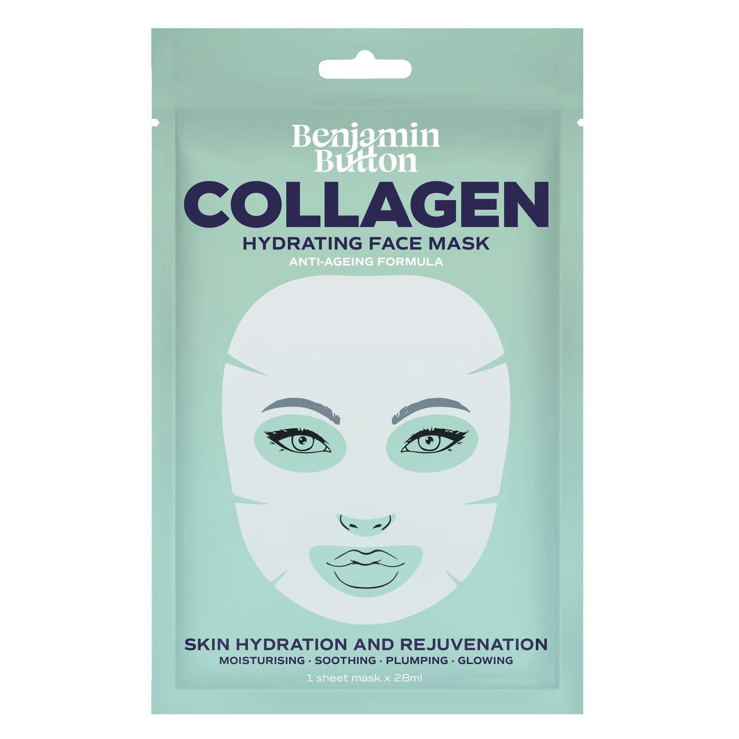 Collagen hydrating face mask packaging with Benjamin Button branding on a light green background
