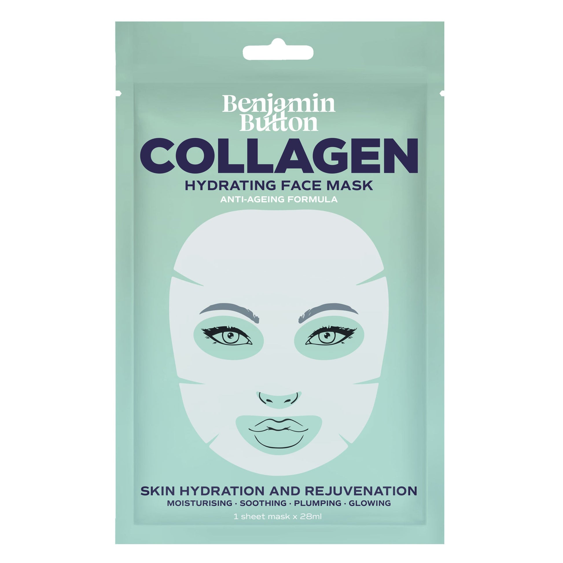 Collagen hydrating face mask packaging with Benjamin Button branding on a light green background