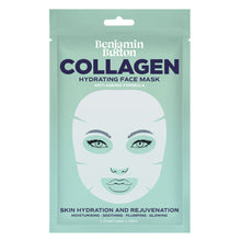 Collagen hydrating face mask packaging with Benjamin Button branding on a light green background