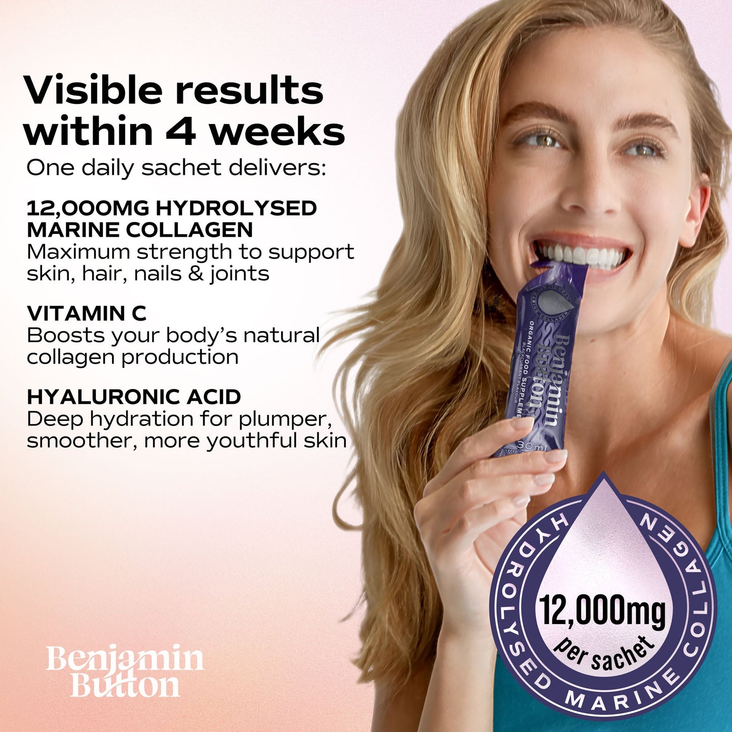 Woman holding a supplement packet with product details on a gradient background