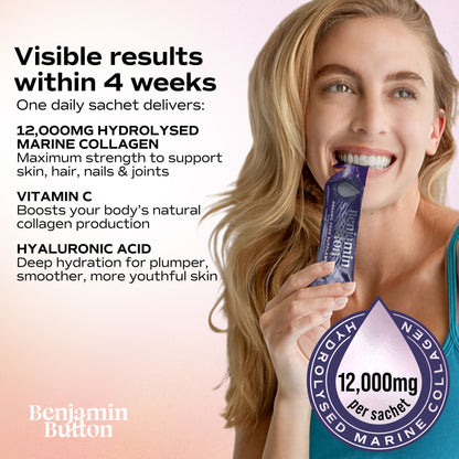 Woman holding a supplement packet with product details on a gradient background