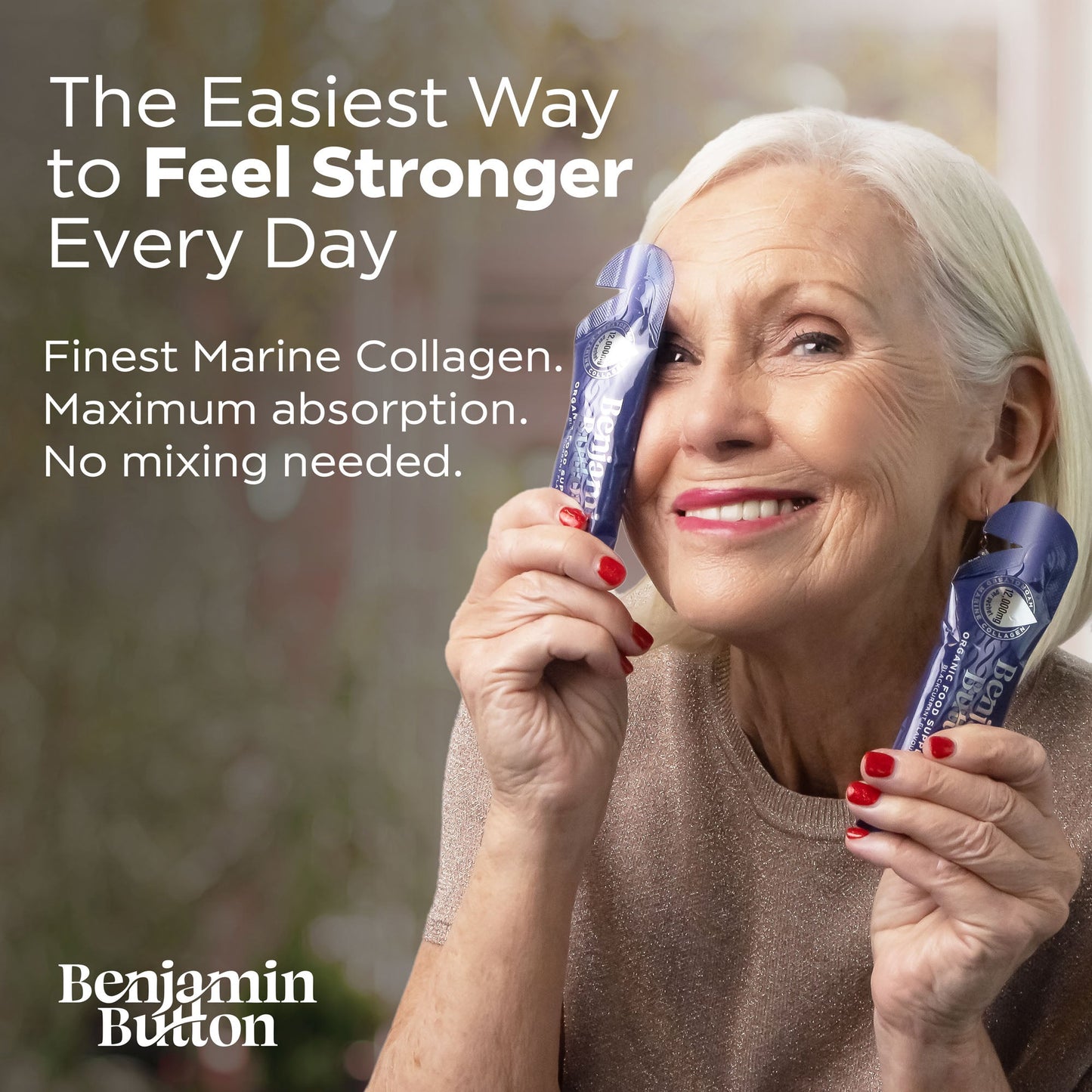 Woman using a marine collagen product with promotional text about ease of use and benefits.