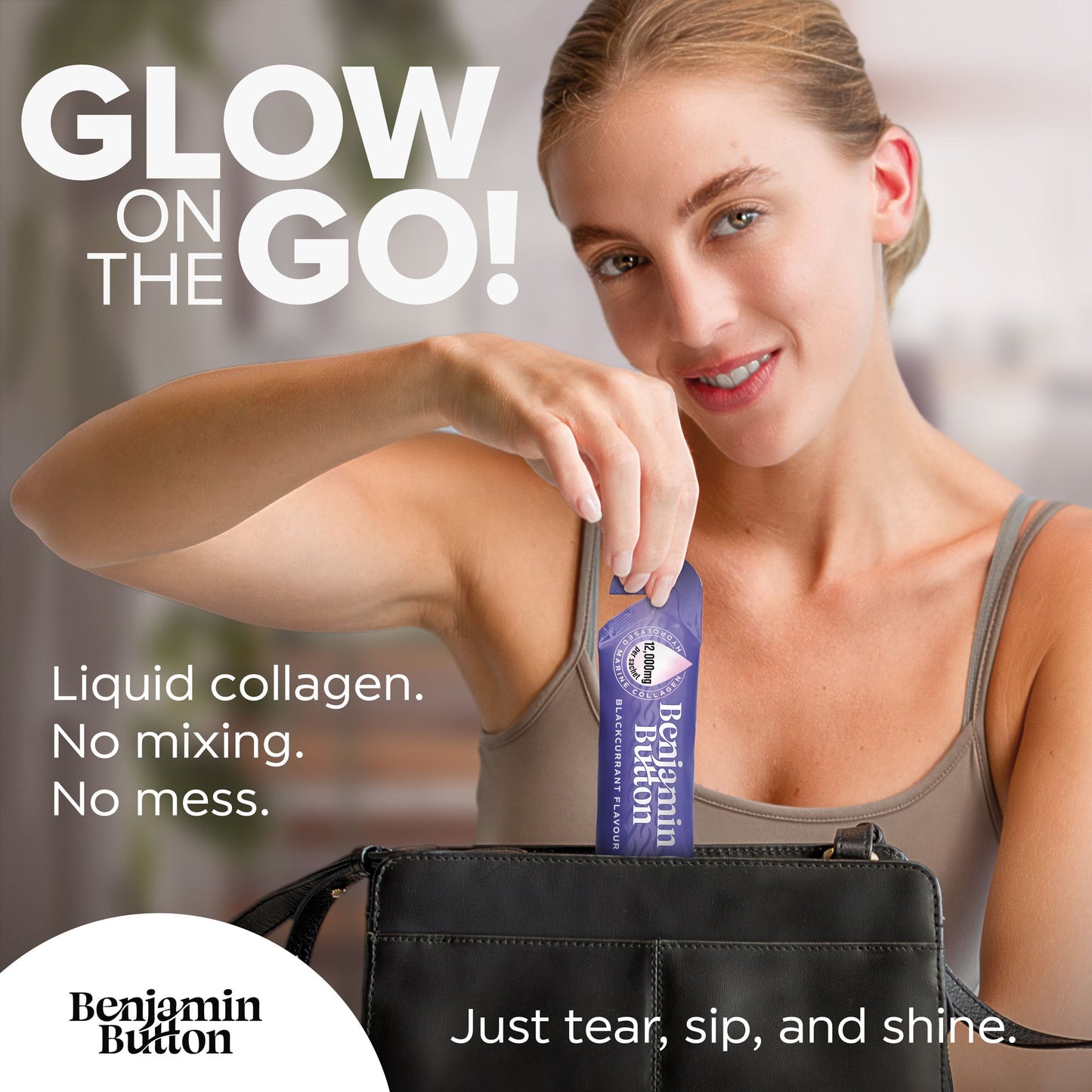 Woman holding a Benjamin Button product with text about liquid collagen.