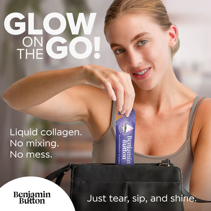 Woman holding a Benjamin Button product with text about liquid collagen.