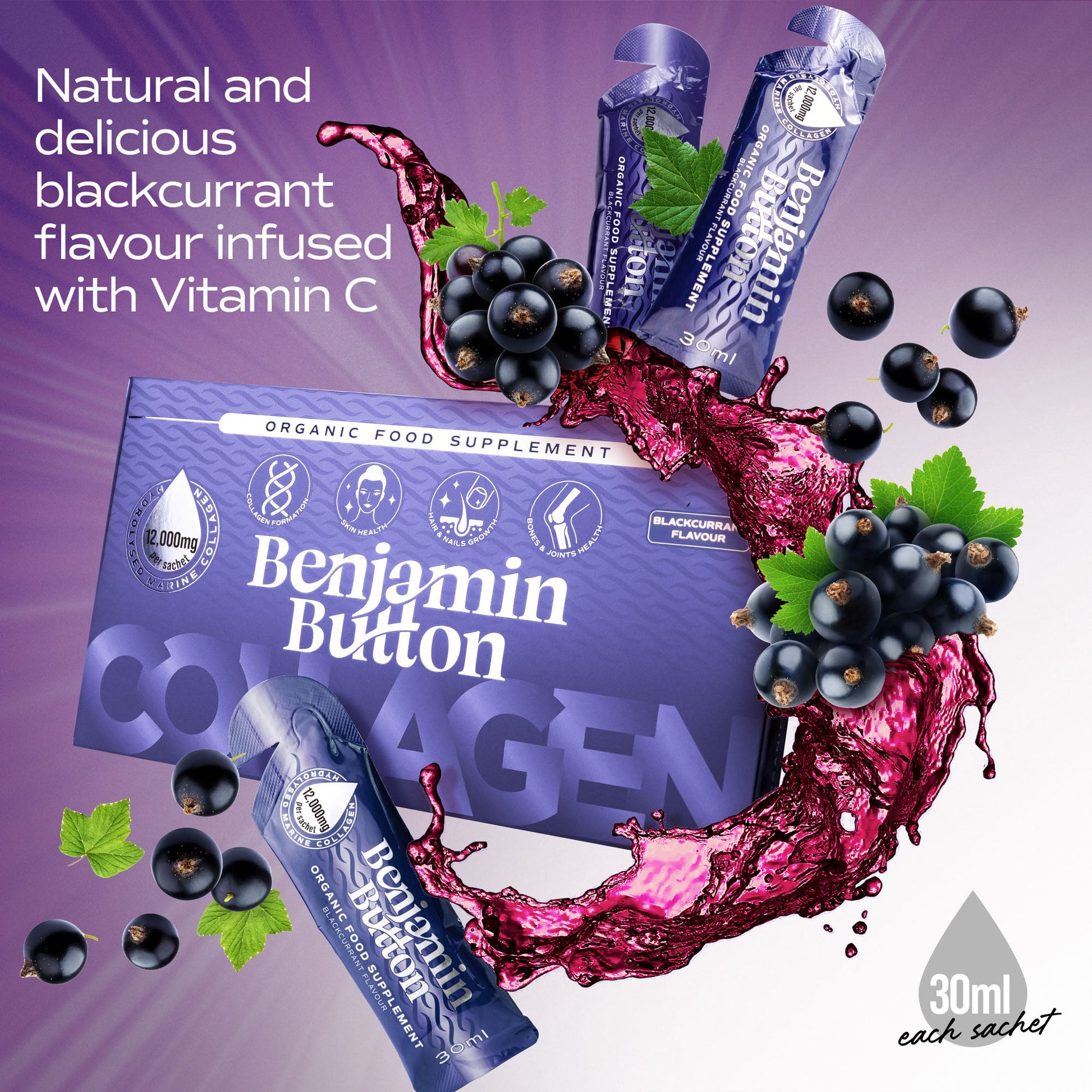 Benjamin Button collagen packaging with blackcurrants and text on a purple background