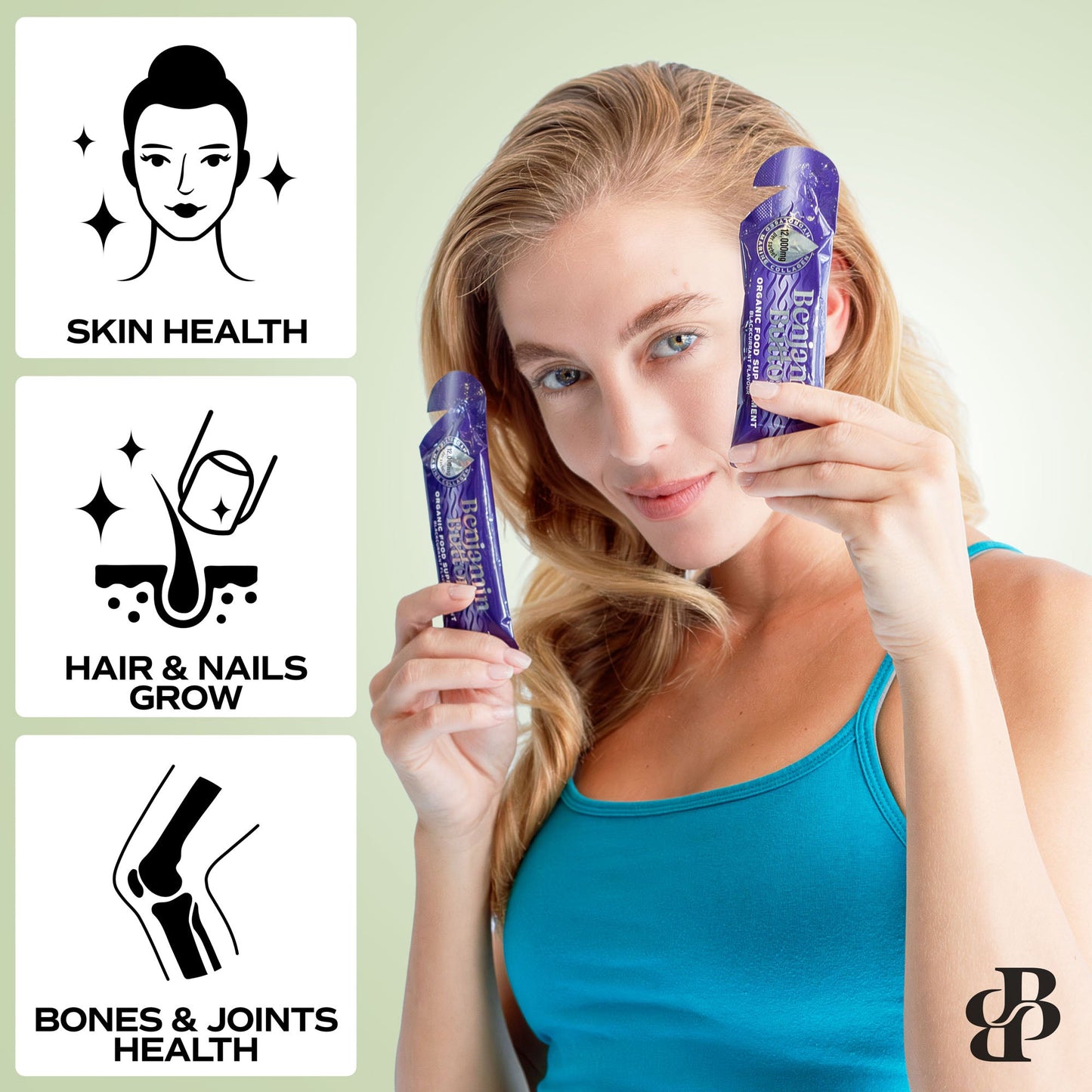 Woman holding a purple supplement bottle with icons and text about skin health, hair & nails, and bones & joints on a light green background.
