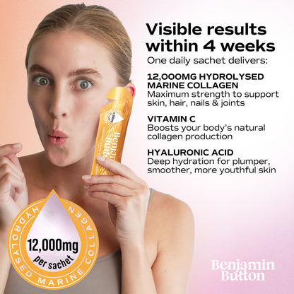 Woman holding a supplement packet with product details on a gradient background