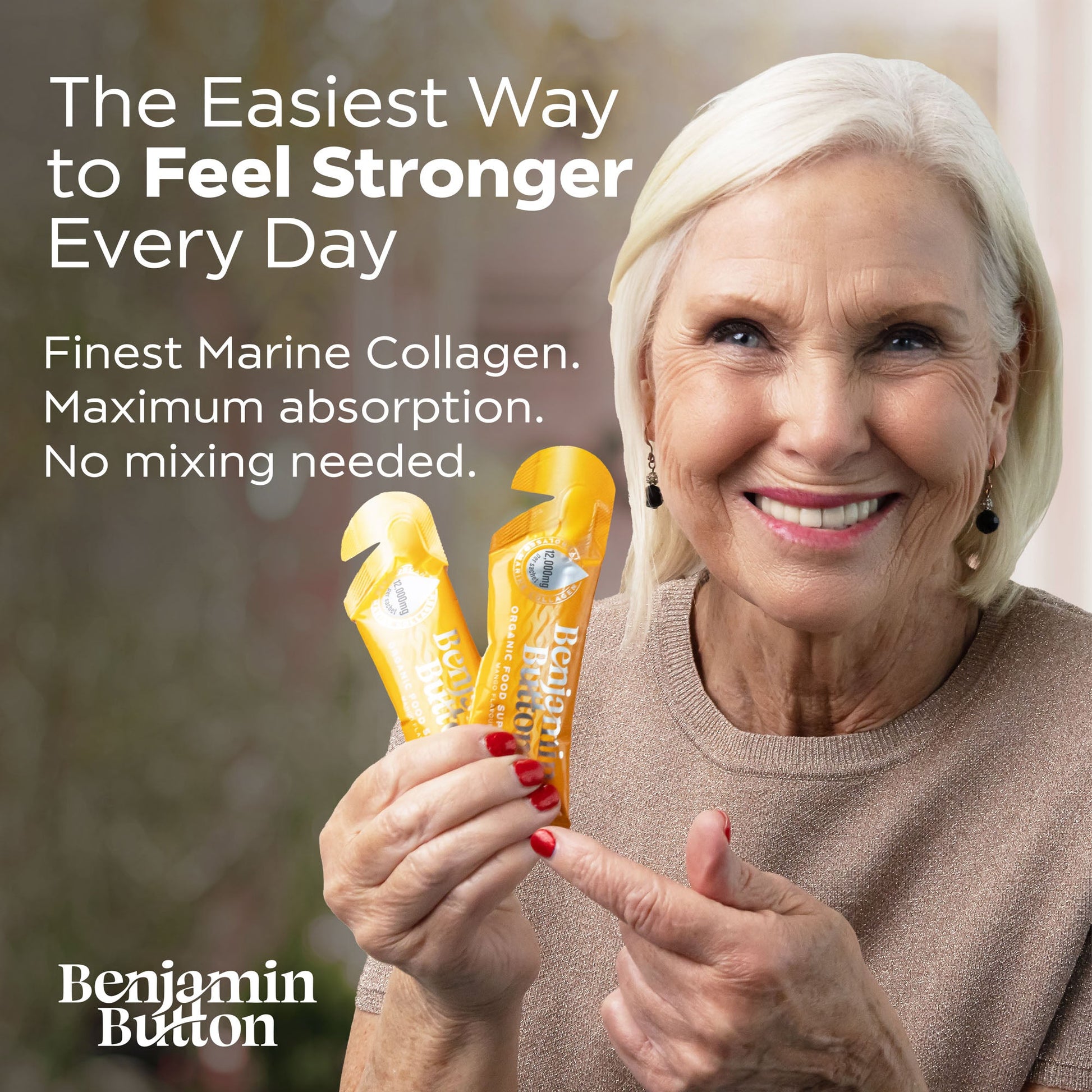 Woman holding and pointing to Benjamin Button supplements with text about marine collagen.