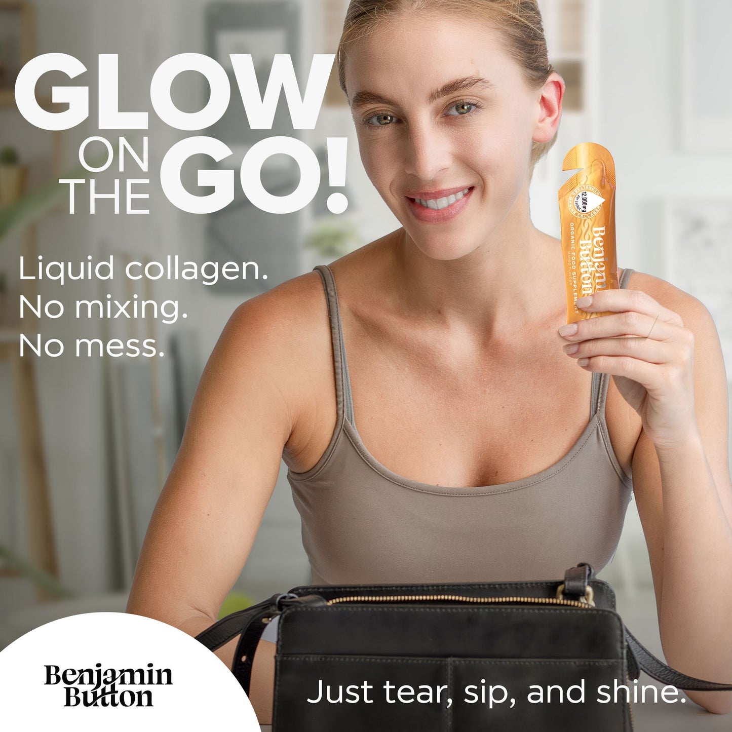 Woman holding a bottle of 'Glow on the Go' liquid collagen with promotional text.