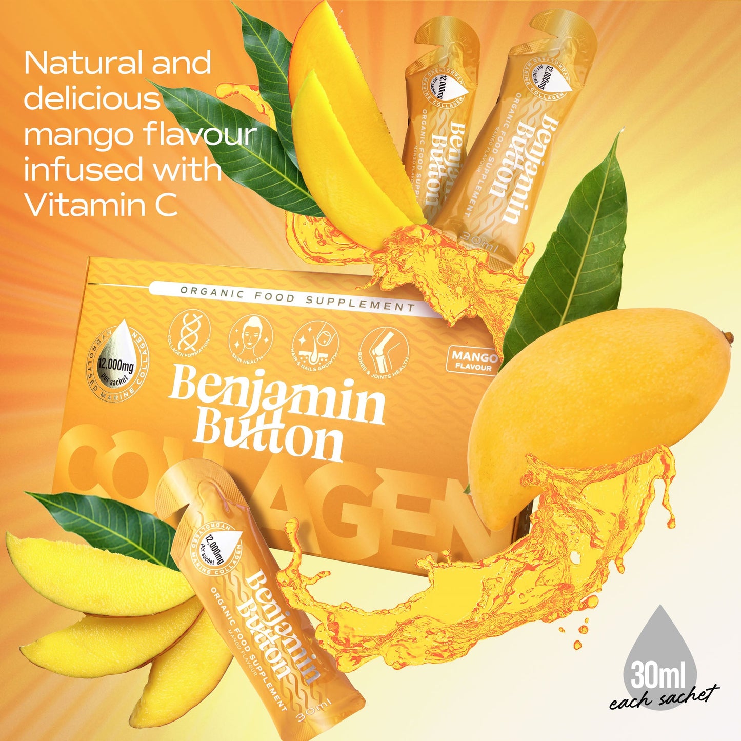 Benjamin Button collagen supplement packaging with mangoes and leaves on a bright background