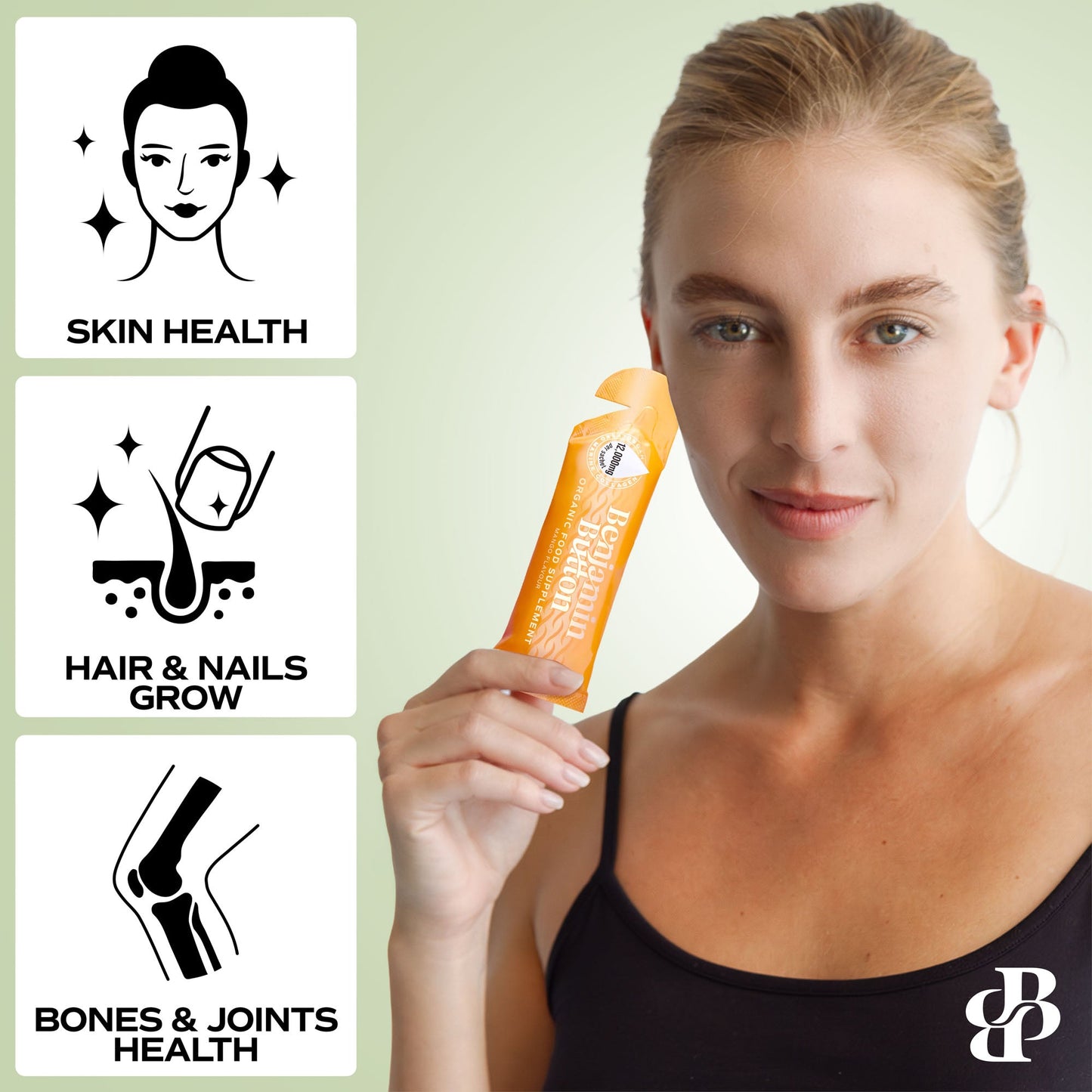 Woman holding a supplement tube with icons for skin health, hair & nails, and bones & joints on a light green background.