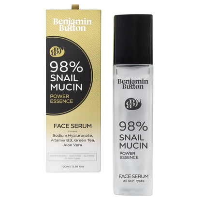 Benjamin Button 98% Snail Mucin Face Serum packaging and bottle on a white background