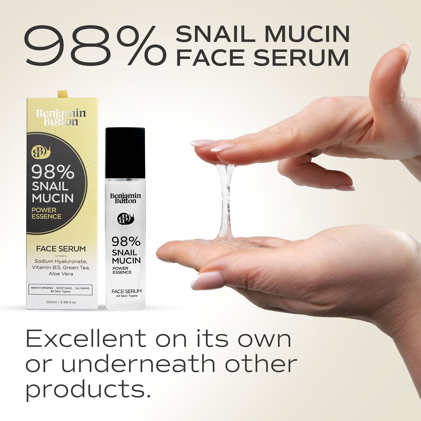 Benjamin Button 98% Snail Mucin Face Serum with packaging and a hand holding serum.