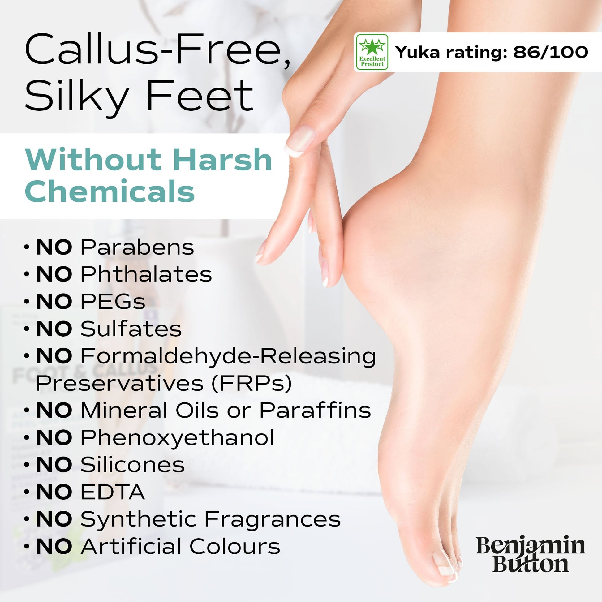 Advertisement for callus-free feet with a hand and foot, highlighting the product's benefits and brand.