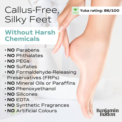 Advertisement for callus-free feet with a hand and foot, highlighting the product's benefits and brand.