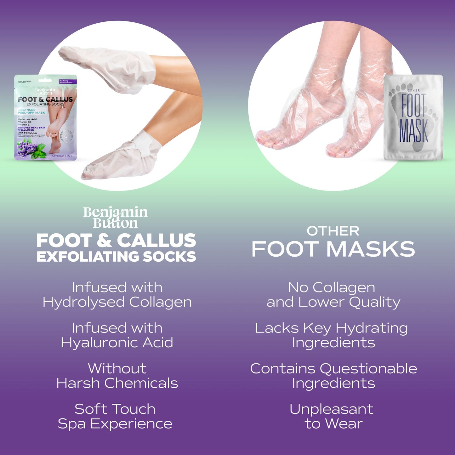 Comparison of Benjamin Button foot and callus exfoliating socks with other foot masks on a gradient background.