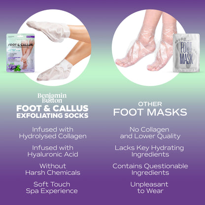 Comparison of Benjamin Button foot and callus exfoliating socks with other foot masks on a gradient background.