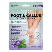 Packaging of Benjamin Button foot and callus exfoliating socks with a person's feet on a white background.