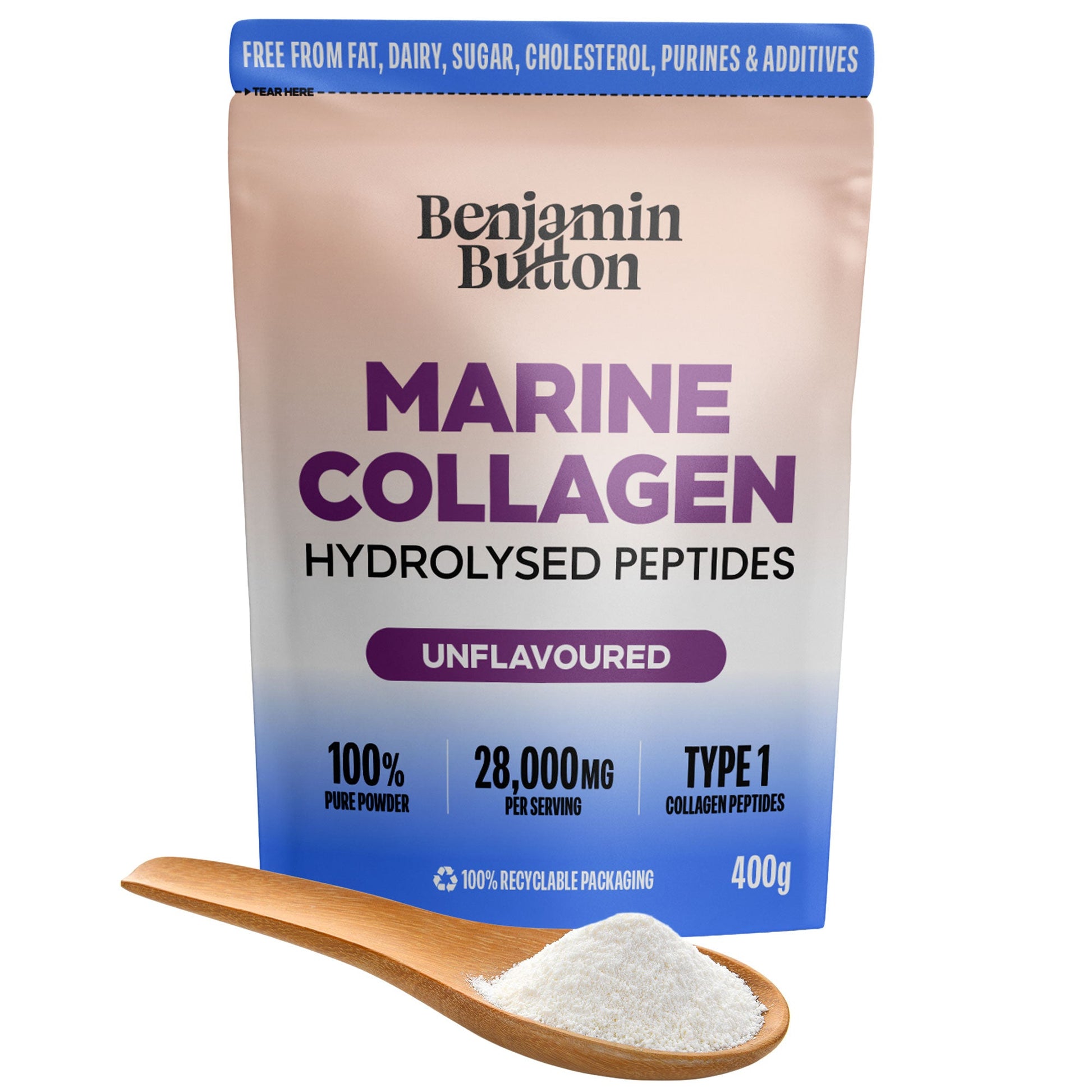Bag of Benjamin Button Marine Collagen Hydrolysed Peptides with a wooden spoonful of powder on a white background