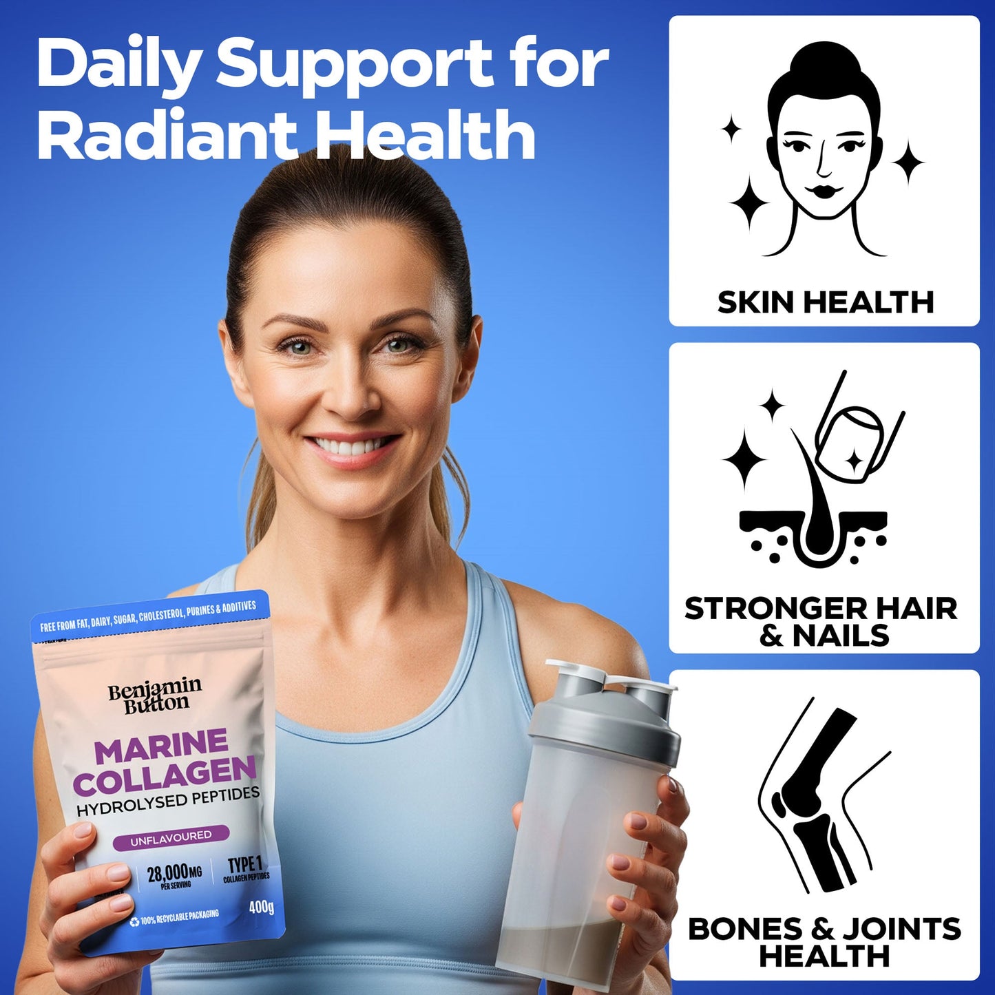 Woman holding a Benjamin Button Marine Collagen package and a shaker bottle with icons and text about health benefits on a blue background.
