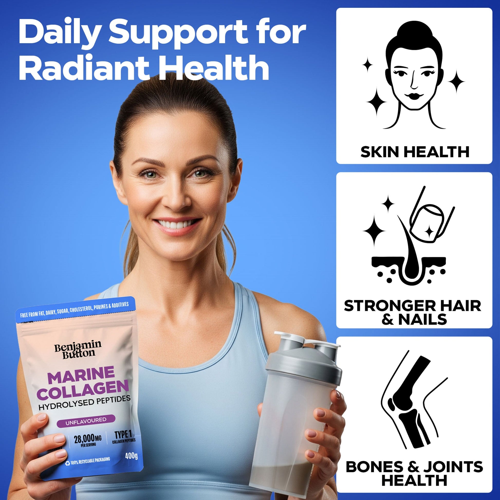 Woman holding a Benjamin Button Marine Collagen package and a shaker bottle with icons and text about health benefits on a blue background.