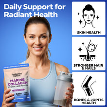 Woman holding a Benjamin Button Marine Collagen package and a shaker bottle with icons and text about health benefits on a blue background.
