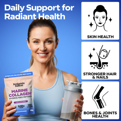 Woman holding a Benjamin Button Marine Collagen package and a shaker bottle with icons and text about health benefits on a blue background.