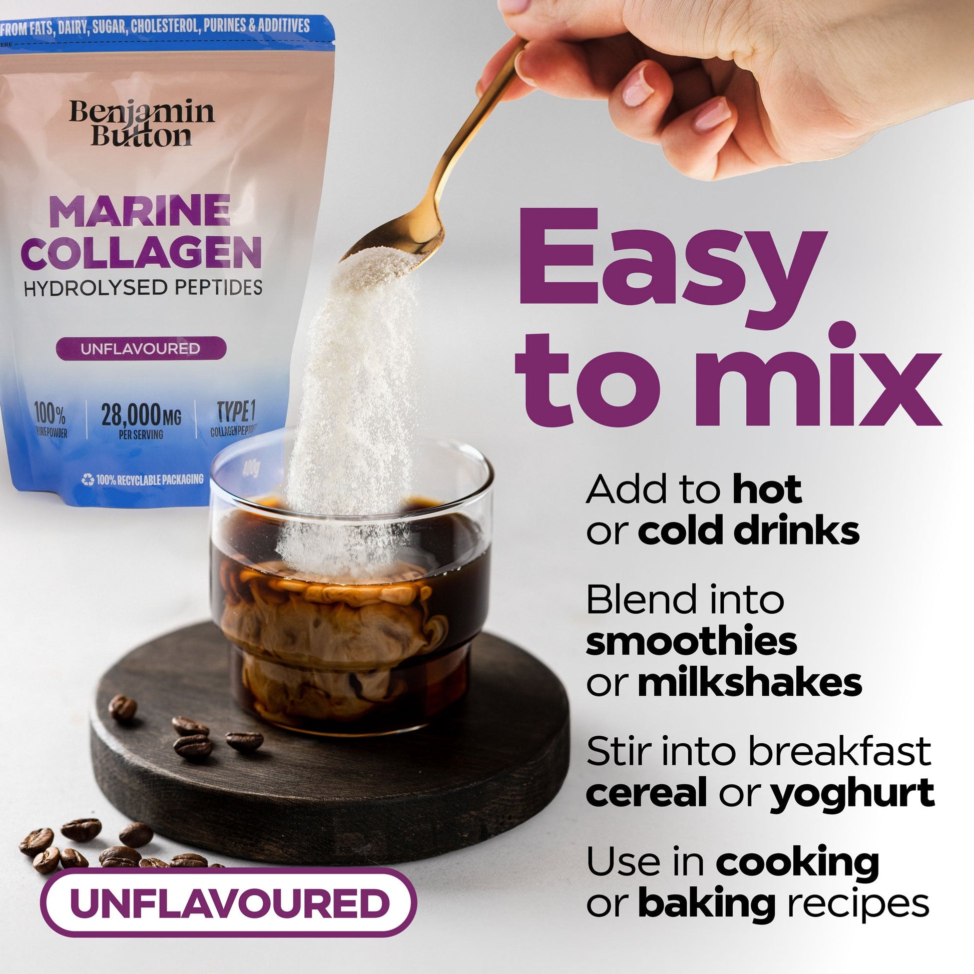 Marine collagen powder being added to a glass of coffee with text on how to use it.