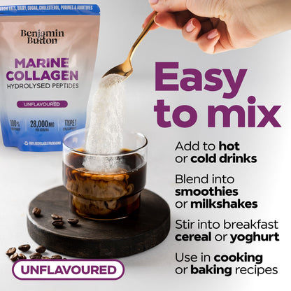 Marine collagen powder being added to a glass of coffee with text on how to use it.