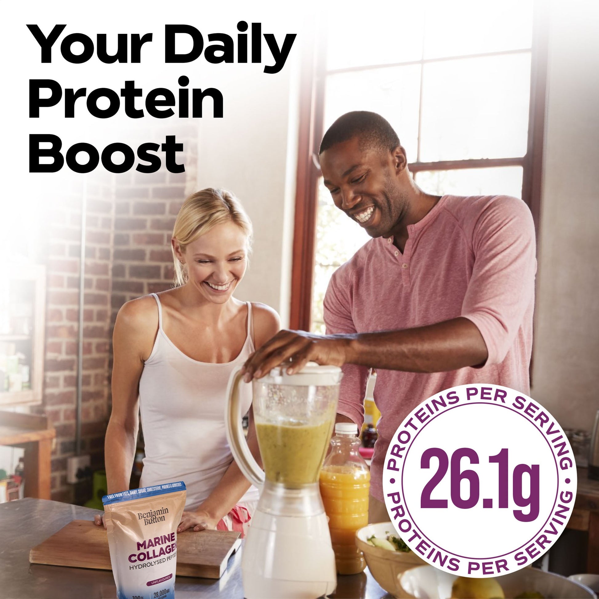 Man and woman preparing a protein shake with text about daily protein boost and protein content.
