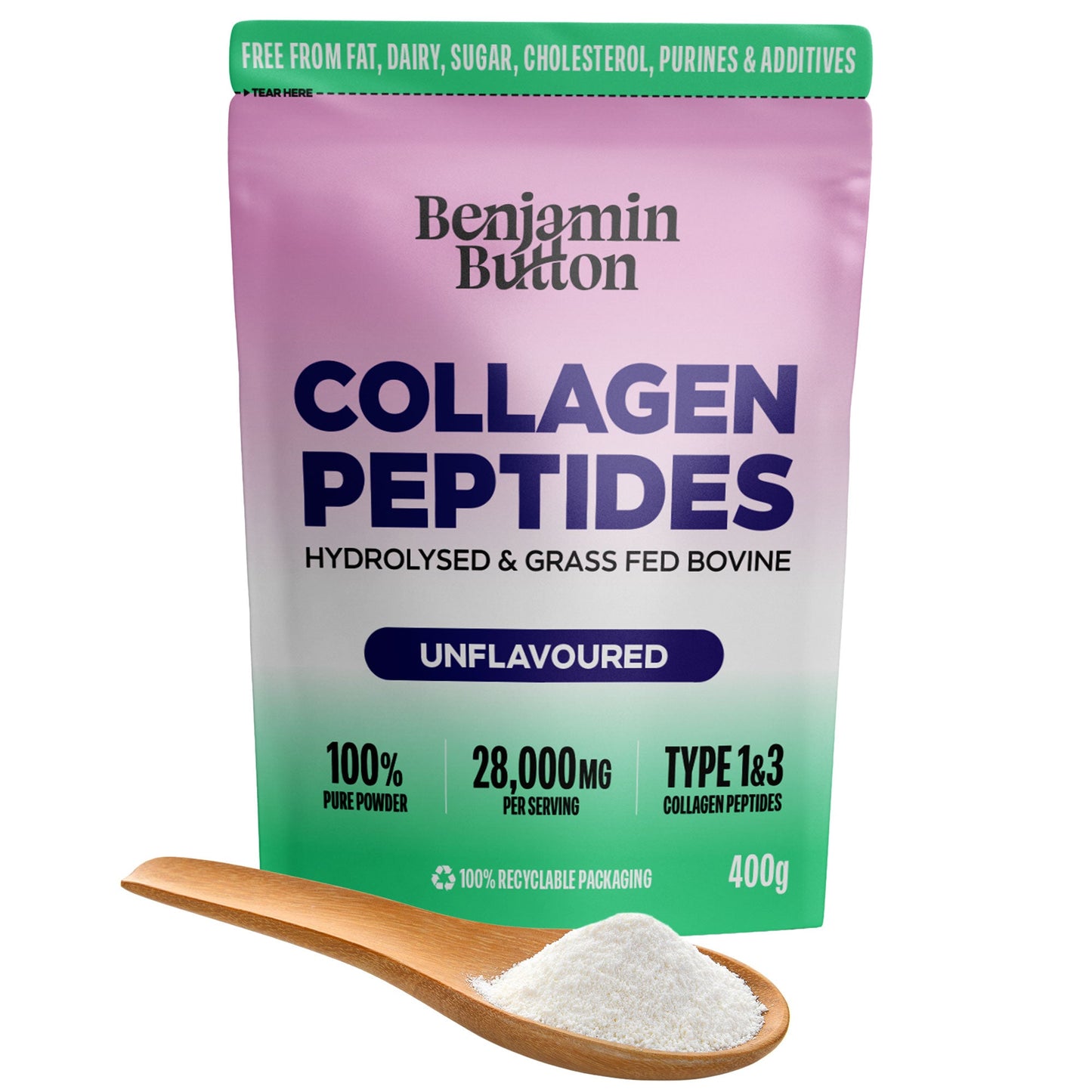 Bag of Benjamin Button Collagen Peptides with a wooden spoonful of powder on a white background