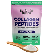 Bag of Benjamin Button Collagen Peptides with a wooden spoonful of powder on a white background