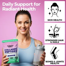 Woman holding a package of Benjamin Button Collagen Peptides and a shaker bottle on a pink background with health benefits icons.