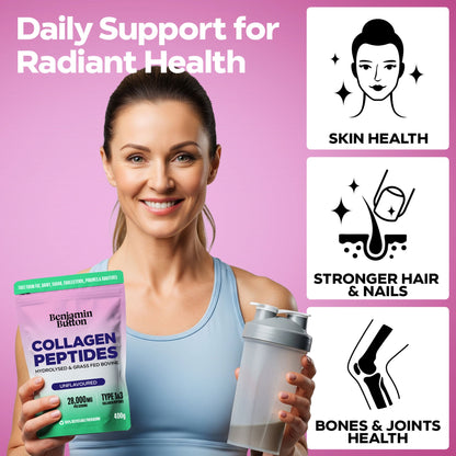 Woman holding a package of Benjamin Button Collagen Peptides and a shaker bottle on a pink background with health benefits icons.