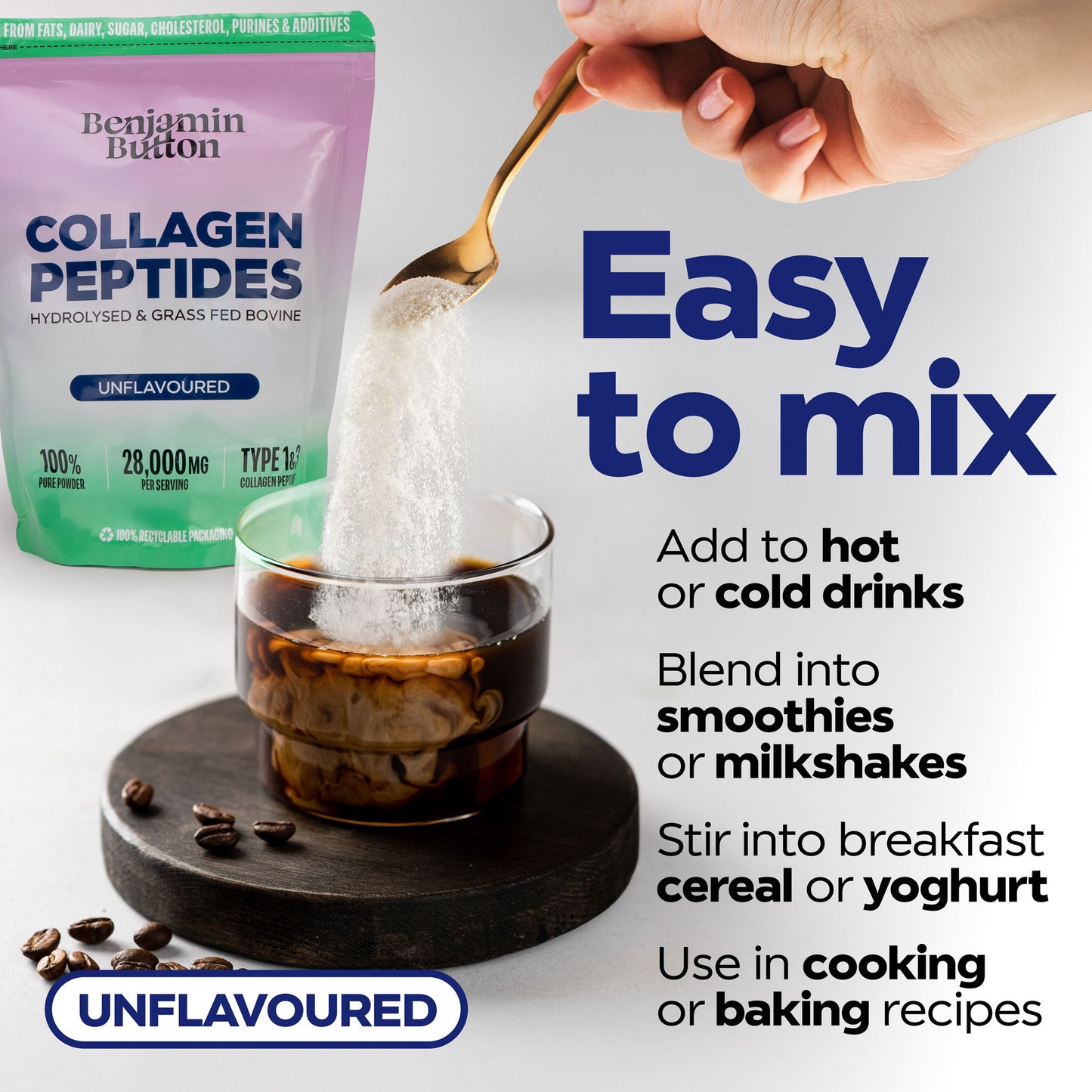 Collagen peptides being added to a glass of coffee with text on how to use them.