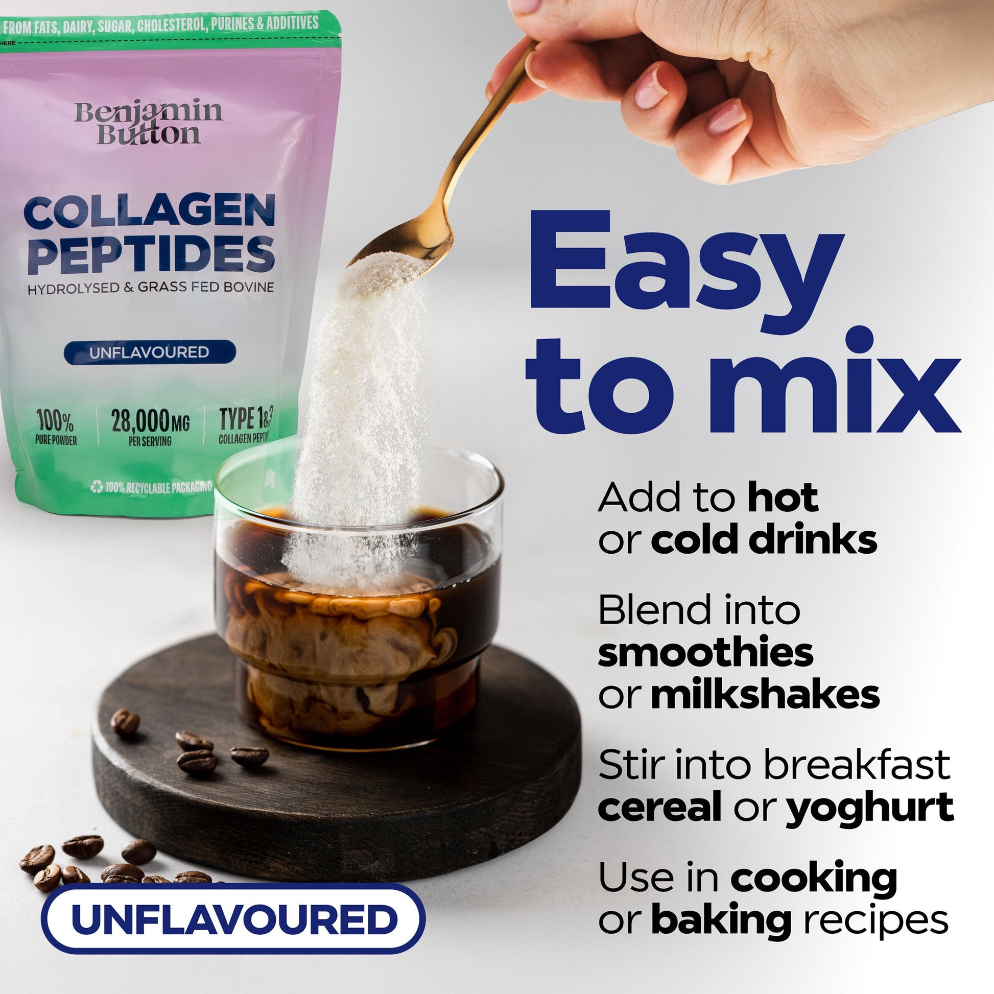Collagen peptides being added to a glass of coffee with text on how to use them.