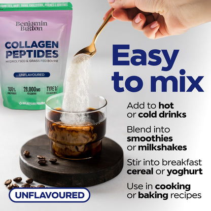 Collagen peptides being added to a glass of coffee with text on how to use them.