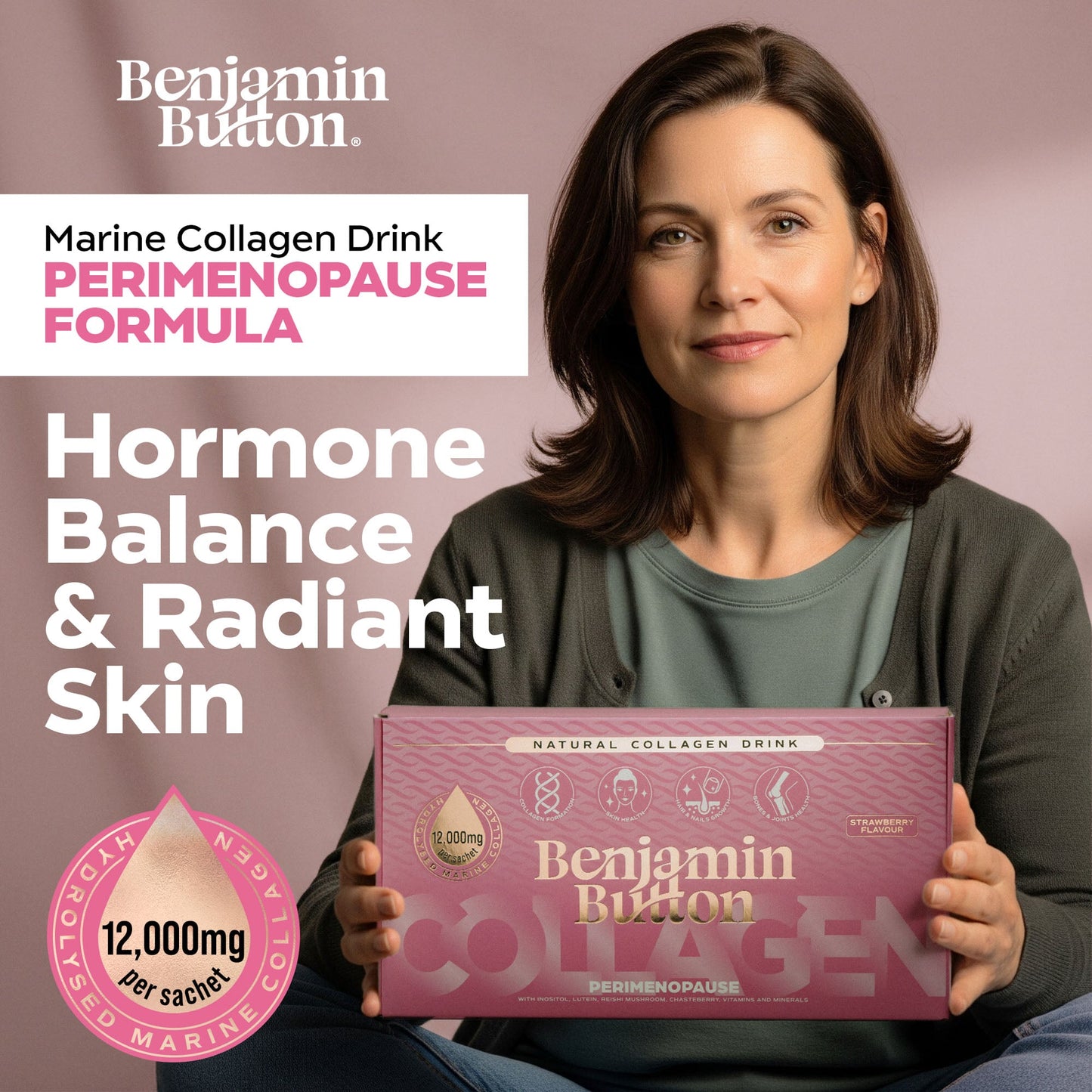 Woman holding a box of Benjamin Button Collagen drink with promotional text on a pink background
