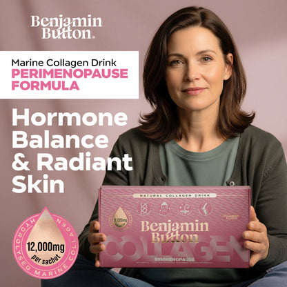 Woman holding a box of Benjamin Button Collagen drink with promotional text on a pink background
