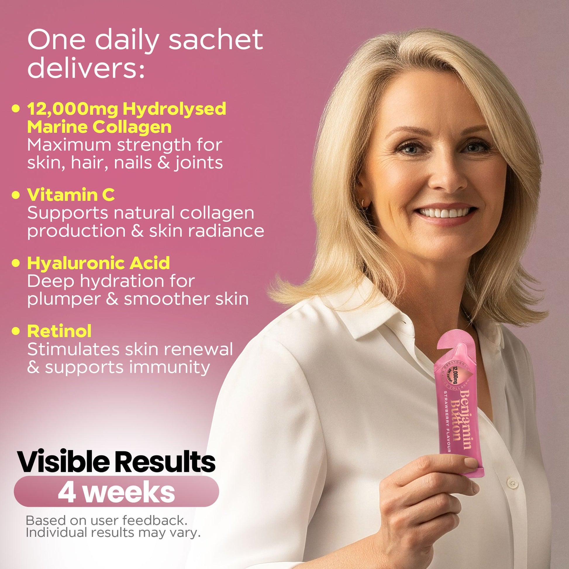 Woman holding a pink sachet with text about collagen and vitamins on a pink background