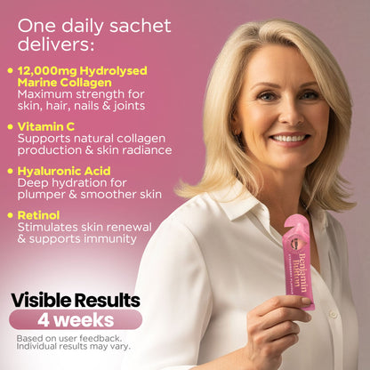 Woman holding a pink sachet with text about collagen and vitamins on a pink background