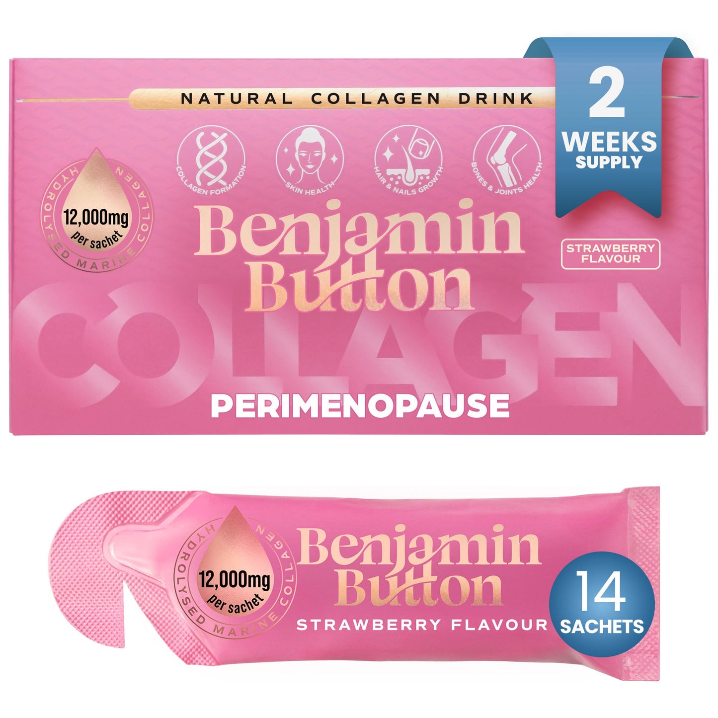 Benjamin Button collagen drink package for perimenopause with strawberry flavor on a white background
