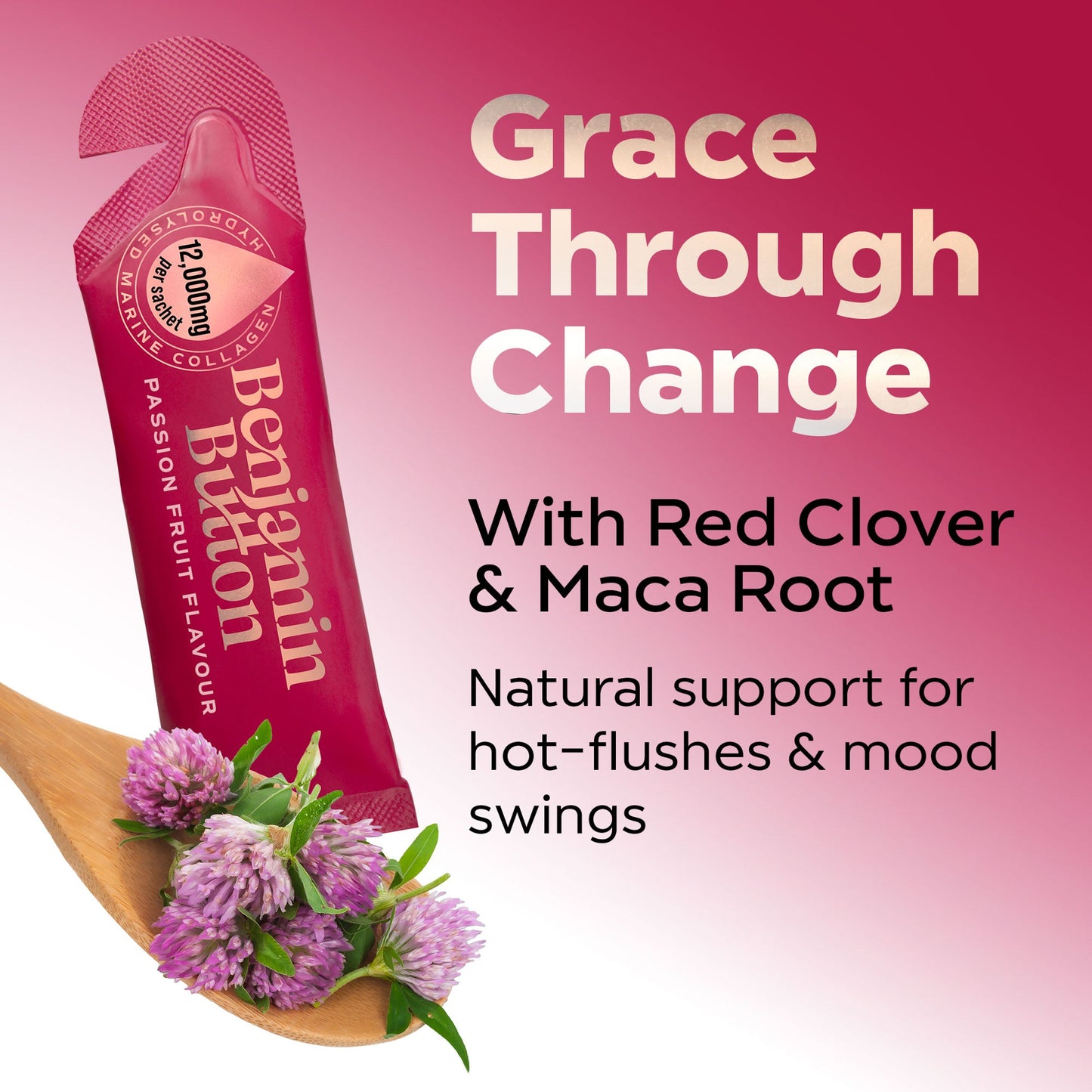 Benjamin Button passion fruit flavor supplement with red clover and maca root on a pink background