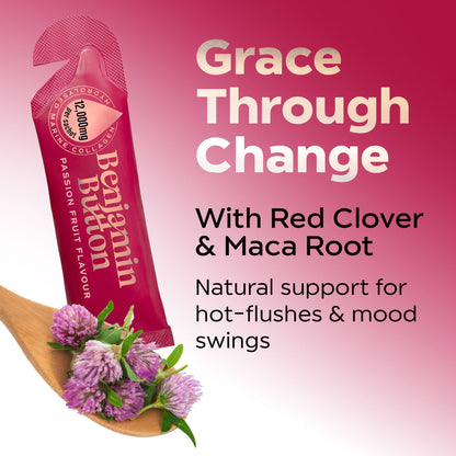 Benjamin Button passion fruit flavor supplement with red clover and maca root on a pink background