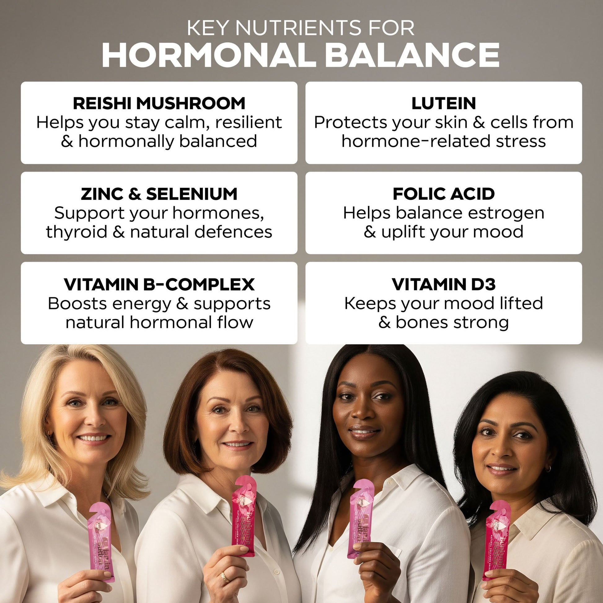 Key nutrients for hormonal balance with four women holding pink products against a gray background.