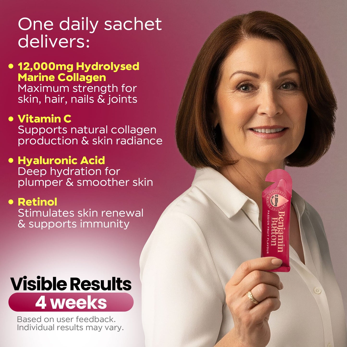 Woman holding a pink sachet with product details on a pink background