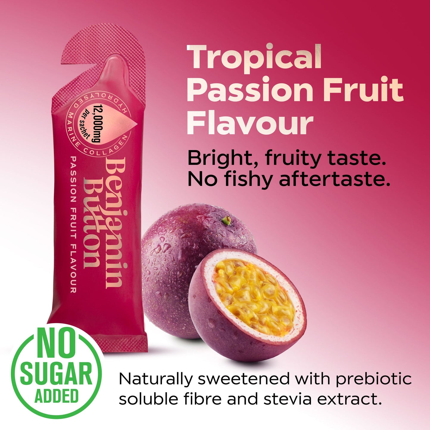 Benjamin Button passion fruit flavor package with tropical passion fruit on a pink background