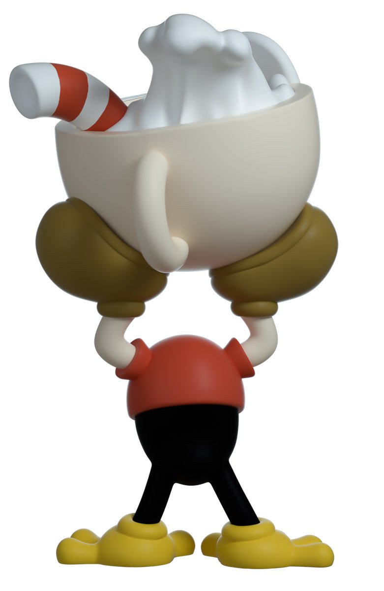 Animated character Cuphead with a large white head, red hat, and yellow shoes on a white background