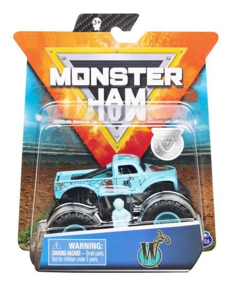 Monster Jam toy truck in packaging with orange and blue design
